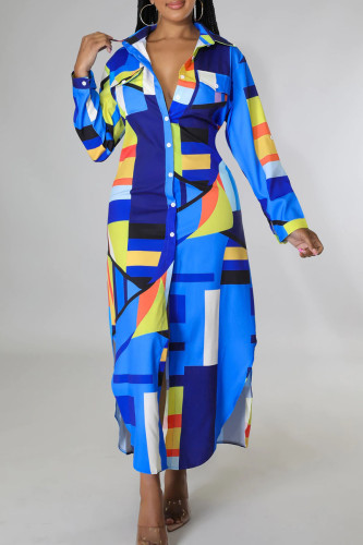Blue Casual Print Patchwork Buckle Turndown Collar Shirt Dress Dresses