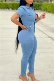 ベビー ブルー ファッション カジュアル ソリッド パッチワーク ターンダウン カラー レギュラー ジャンプスーツ