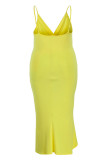 Vestido de tirantes con cuello en V de patchwork sólido de talla grande sexy de moda amarillo