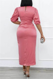 Pink Fashion Casual Solid Slit Fold Rollkragenpullover One Step Rock Plus Size Kleider