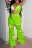 Monos vendaje con estampado sexy de moda verde fluorescente ahuecado sin espalda halter regular verde fluorescente