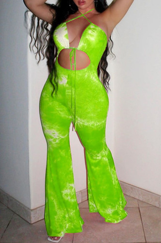 Fluorescent Green Fashion Sexy Print Bandage Hollowed Out Backless Halter Regular Jumpsuits