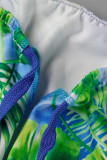 Turquoise Fashion Casual Print Bandage Off the Shoulder Regular Romper