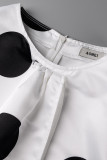 Patchwork de bolinhas com estampa elegante branca e cinto com laço, gola redonda, vestidos linha (contém o cinto)