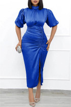 ブルーファッションカジュアルソリッドスリットタートルネックワンステップスカートプラスサイズのドレス