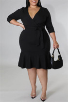 Negro Moda Casual Sólido Vendaje Patchwork Cuello en V Falda envuelta Vestidos de talla grande