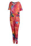 Red Fashion Casual Print Tie-dye V Neck Loose Jumpsuits