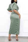 グリーンファッションカジュアルソリッドスリットフォールドタートルネックワンステップスカートプラスサイズのドレス