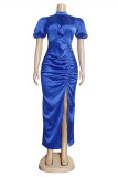 Blue Fashion Casual Solid Slit Fold Turtleneck One Step Skirt Plus Size Dresses