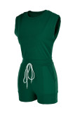 グリーンファッションカジュアルソリッドベーシックOネック半袖ツーピース
