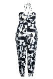 Zwart Wit Casual Print Bandage Backless Strapless Plus Size Jumpsuits