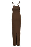 Brown Sexy Casual Solid Backless Slit Spaghetti Strap Long Dress