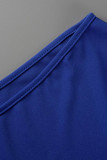 Azul moda casual sólido retalhos sem costas gola oblíqua vestidos de manga curta