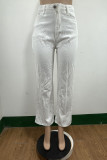 Weiße, modische, lässige, solide Patchwork-Jeans mit hoher Taille