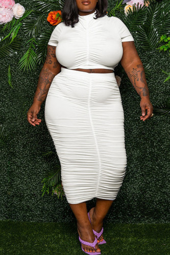 White Casual Solid Patchwork Fold O Neck Plus Size Two Pieces
