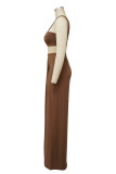 Brown Sexy Casual Solid Hollowed Out One Shoulder Sleeveless Two Pieces