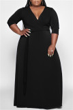Schwarzes, modisches, lässiges, solides Basic-Kleid mit V-Ausschnitt, langes Kleid in Übergröße