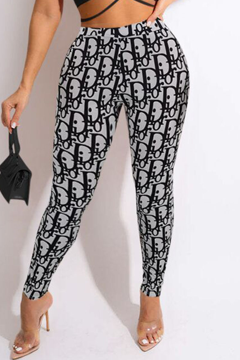 

White Fashion Street Print Letter Mid Waist Pencil Bottoms