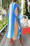 Koningsblauwe mode casual gestreepte print asymmetrische O-hals onregelmatige jurk
