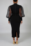 Black Celebrities Solid Patchwork See-through O Neck One Step Skirt Dresses