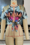 Lila sexigt tryck tofs bandage Patchwork T-shirts
