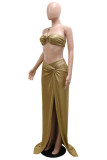 Gold Fashion Sexy Solid Patchwork Backless Strapless Mouwloze Driedelige Set