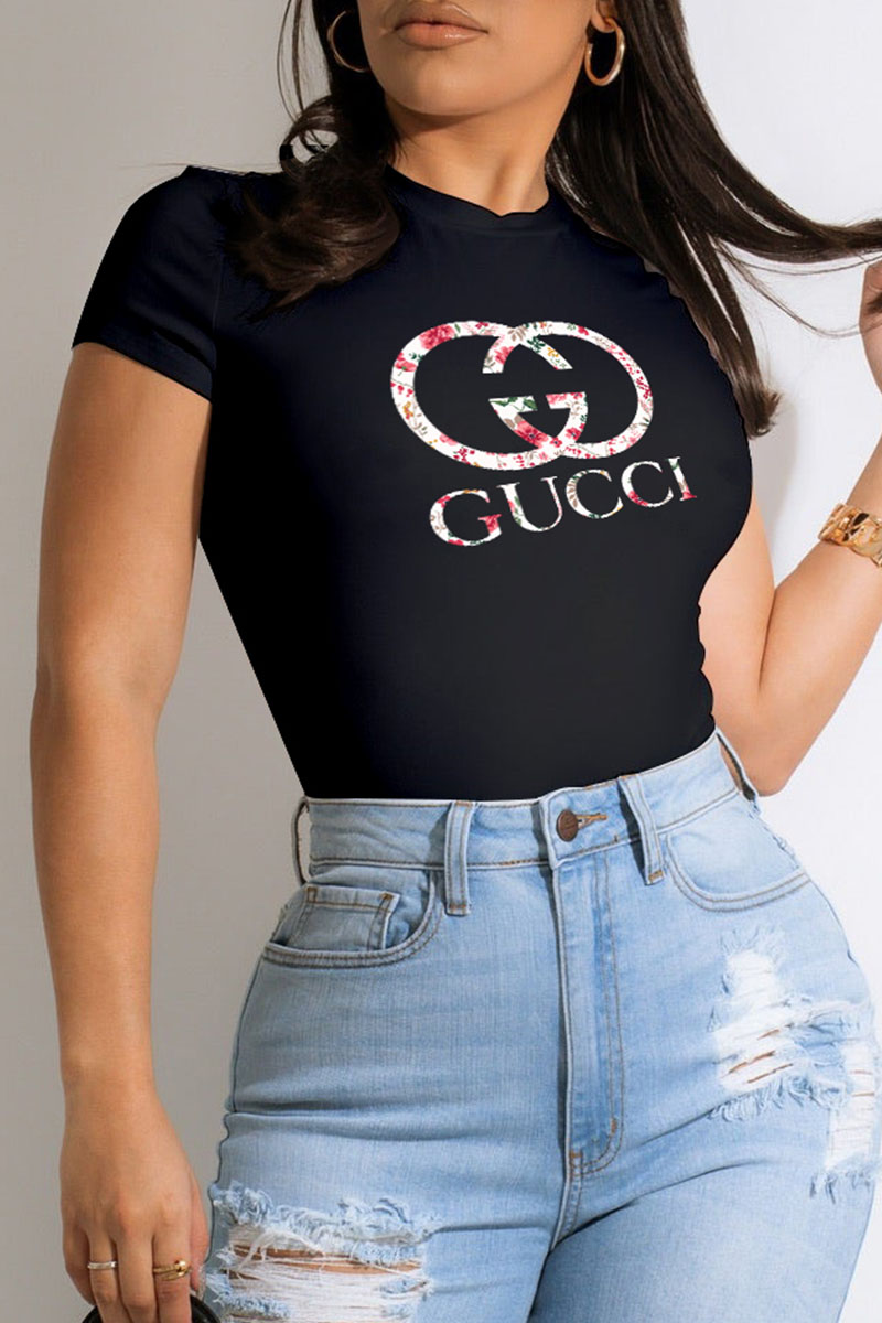 

Black Fashion Casual Print Letter O Neck T-Shirts