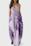 Фиолетовое модное сексуальное длинное платье на бретельках с открытой спиной и принтом