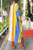 Желтое модное повседневное полосатое асимметричное платье с круглым вырезом и асимметричным принтом