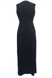 ブラックファッションセクシーなソリッドパッチワークシースルースリットOネックワンステップスカートドレス