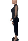 Vestidos de falda de un paso con cuello en O transparente de patchwork sólido de celebridades negras
