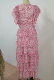 Pink Sweet Elegant Print Patchwork Flounce Fold V Neck Cake Skirt Dresses