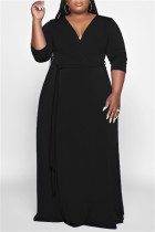 ブラックファッションカジュアルソリッドベーシックVネックロングドレスプラスサイズのドレス