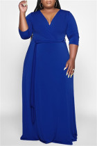 Blauwe mode casual effen basic v-hals lange jurk plus size jurken