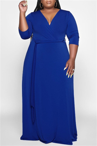 Blue Fashion Casual Solid Basic V Neck Long Dress Plus Size Dresses