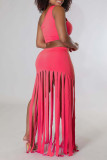 Rose Red Sexy Solid Patchwork Oblique Collar Two Pieces Tank Crop Tops And Tassel Skirt Set