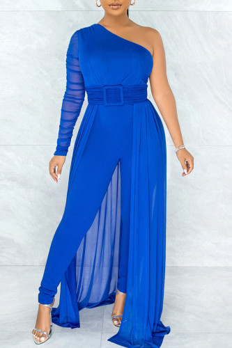 Blue Sexy Solid Patchwork See-through Oblique Collar Regular Jumpsuits