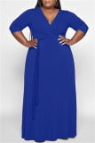 Синее модное повседневное однотонное базовое длинное платье с V-образным вырезом Платья больших размеров
