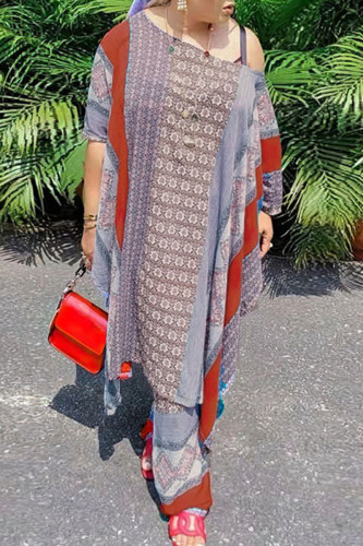 Red Casual Print Patchwork O Neck Plus Size Two Pieces