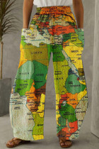 Pantalones de cintura alta regular con bolsillo de patchwork estampado casual de moda verde