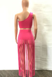 Rose Red Sexy Solid Patchwork Oblique Collar Two Pieces Tank Crop Tops And Tassel Skirt Set
