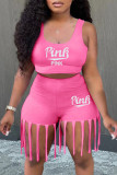 Roze Sexy Print Kwastje Patchwork U-hals Mouwloos Twee Stukken