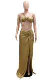 Gold Fashion Sexy Solid Patchwork Backless Strapless Mouwloze Driedelige Set