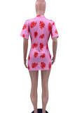 Roze mode casual print basic O-hals jurk met korte mouwen