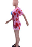 Rosa Mode Casual Print Basic O-hals kortärmad klänning