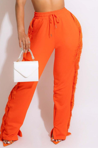 Pantalon décontracté taille haute à pompons solides orange
