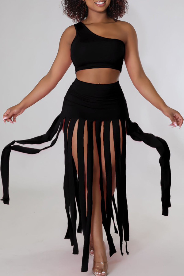 Black Sexy Solid Patchwork Oblique Collar Two Pieces Tank Crop Tops And Tassel Skirt Set
