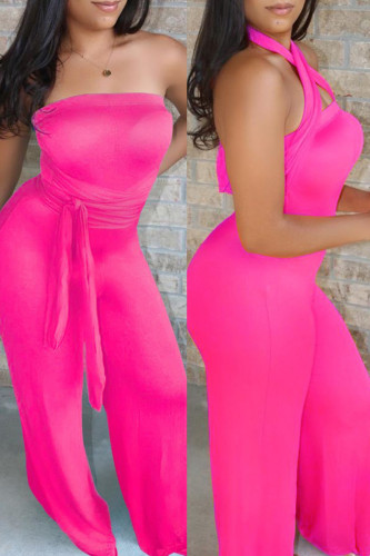 Rose Red Sexy Casual Solid Backless Strapless Regular Jumpsuits