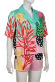 Multicolor Fashion Casual Print Basic Turndown Collar Short Sleeve Two Pieces