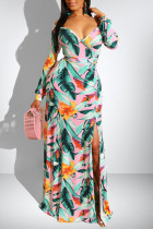 Rosa Sweet Elegant Print Patchwork V-hals raka klänningar
